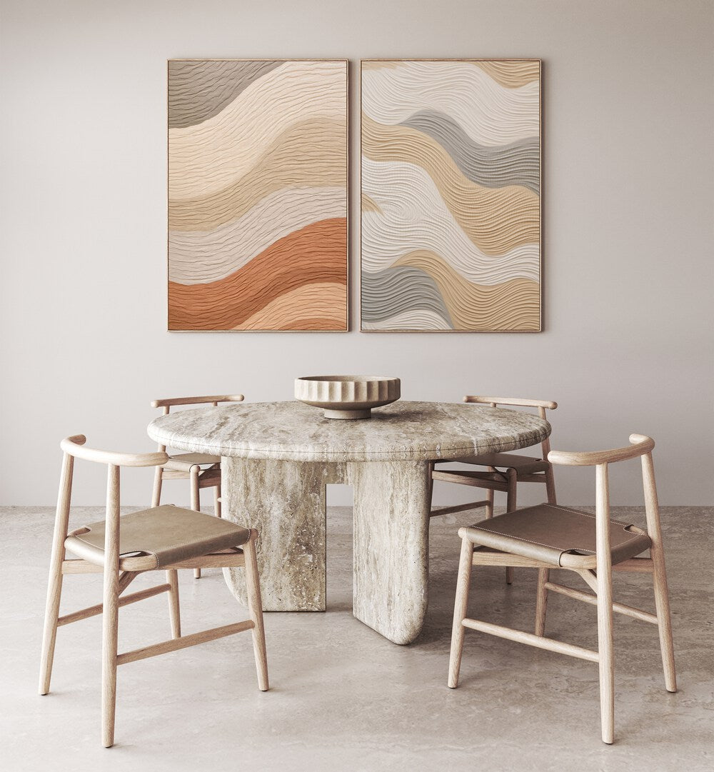 Elevate your space with TEXTURED WAVES, SET OF 2 PAINTINGS, featuring minimalistic ocean-inspired design.