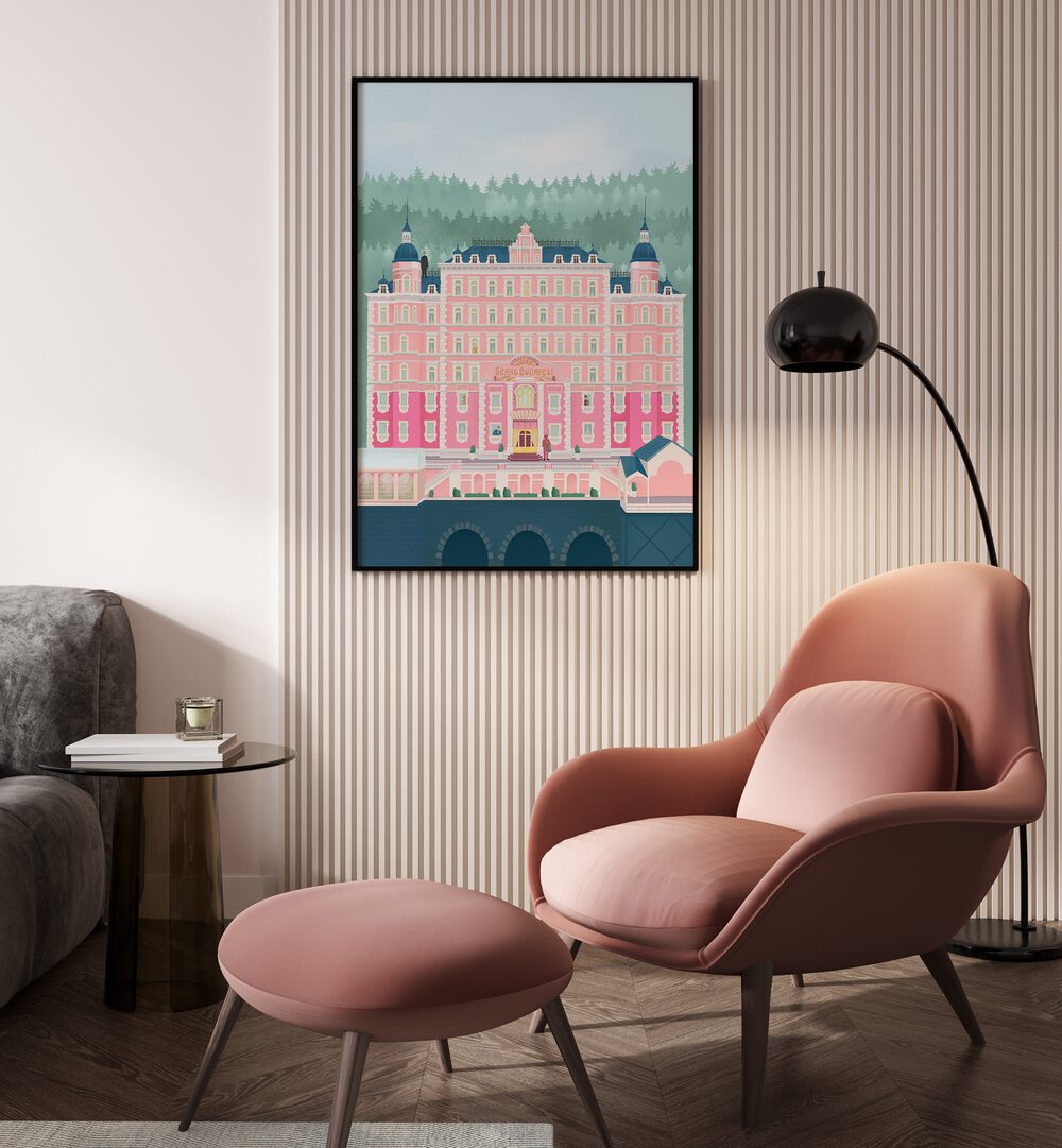 Stylish interior featuring "THE GRAND BUDAPEST HOTEL, TRAVEL POSTERS" art by Petra Lidze, enhancing modern decor.