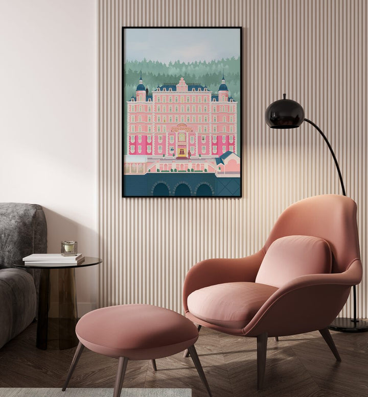 Stylish interior featuring "THE GRAND BUDAPEST HOTEL, TRAVEL POSTERS" art by Petra Lidze, enhancing modern decor.