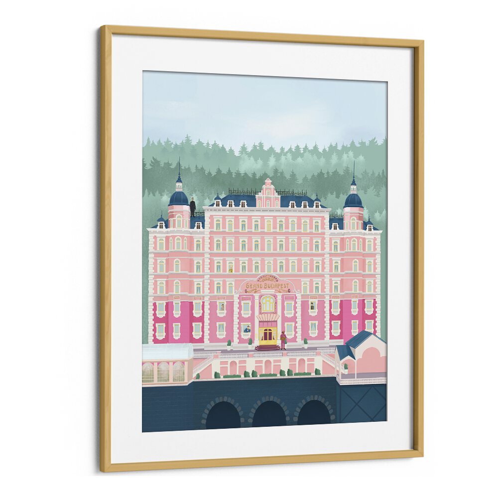 Elegant travel poster of THE GRAND BUDAPEST HOTEL by Petra Lidze, framed to enhance any room's sophistication.