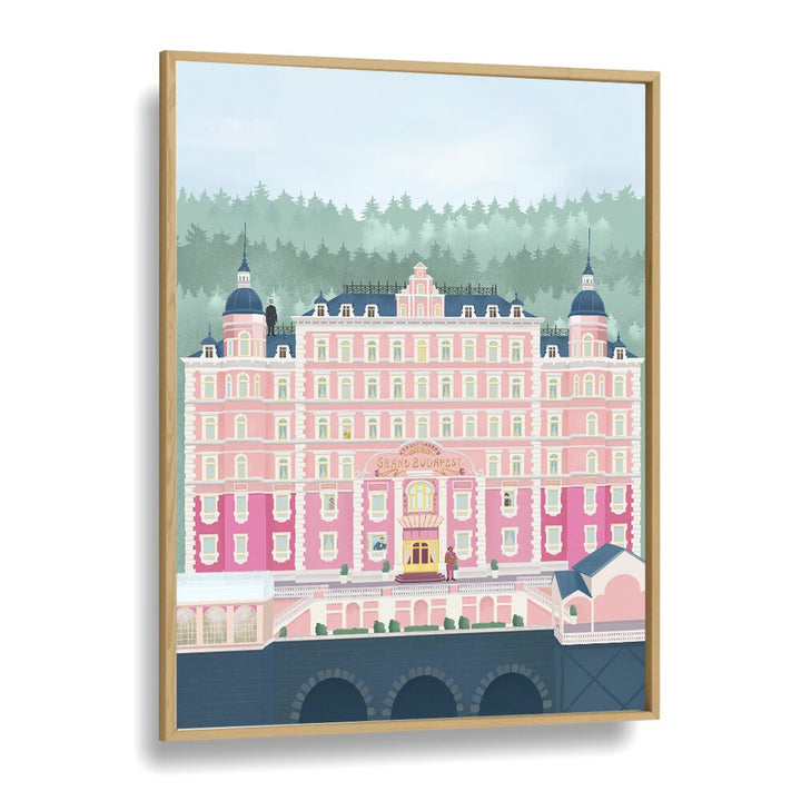 Elegant travel poster of THE GRAND BUDAPEST HOTEL by Petra Lidze, framed in oak, perfect for any sophisticated space.