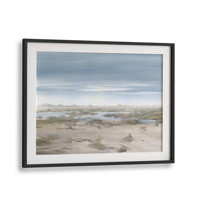 Stunning THE MISTY RISING, LANDSCAPE PAINTINGS in a black frame, enhancing your space with serene nature beauty.