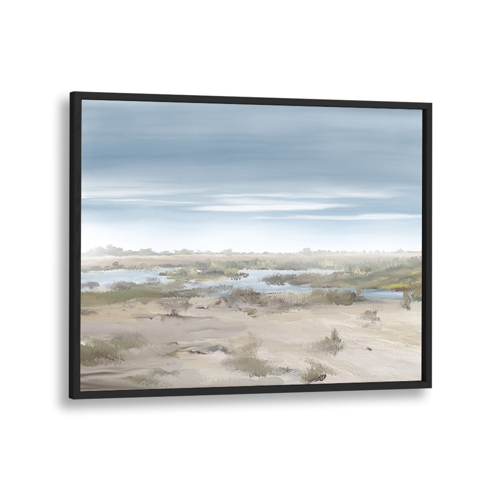 Stunning THE MISTY RISING, LANDSCAPE PAINTINGS in a sleek black frame, enhancing tranquility in any space.