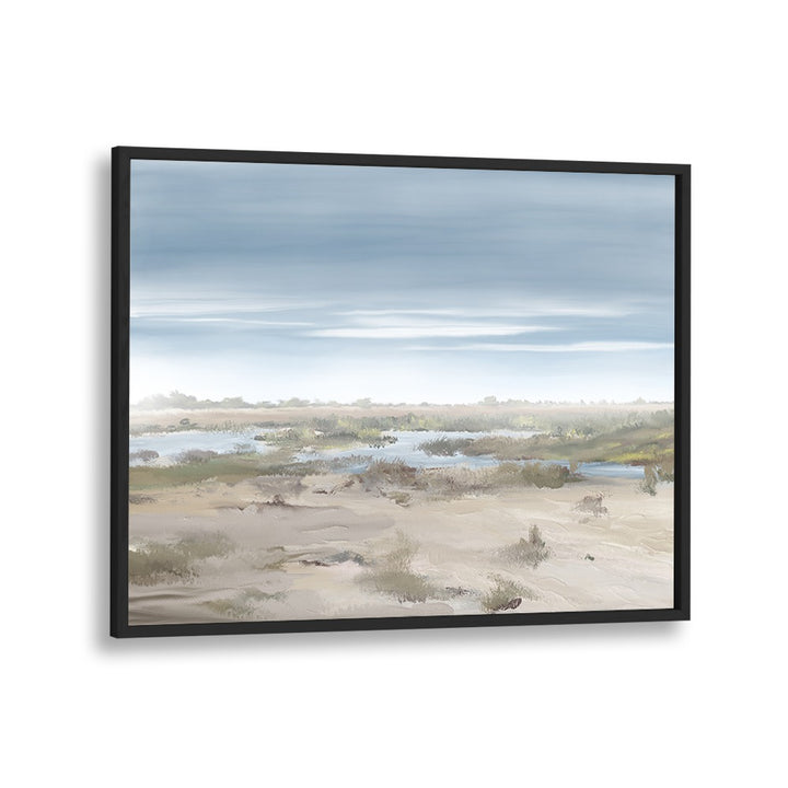 Stunning THE MISTY RISING, LANDSCAPE PAINTINGS in a sleek black frame, enhancing tranquility in any space.