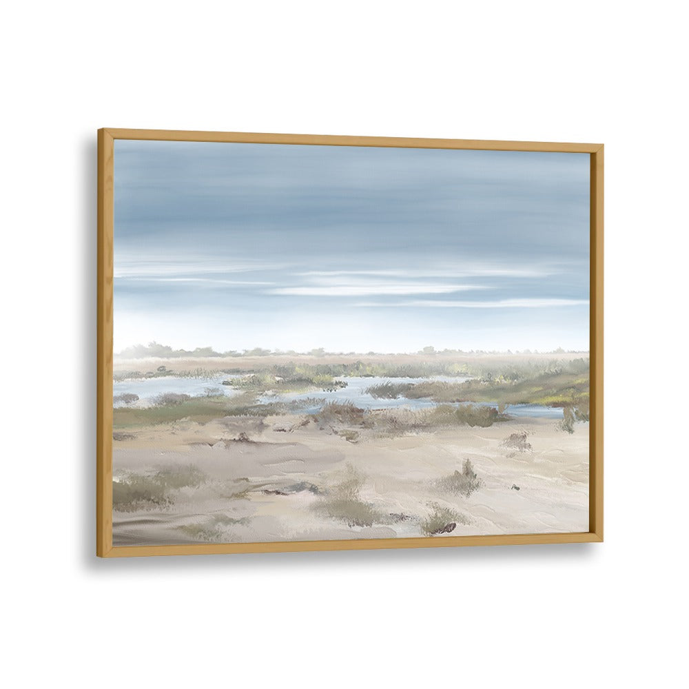 Stunning THE MISTY RISING, LANDSCAPE PAINTINGS in an oak wood frame, perfect for enhancing any space with serenity.