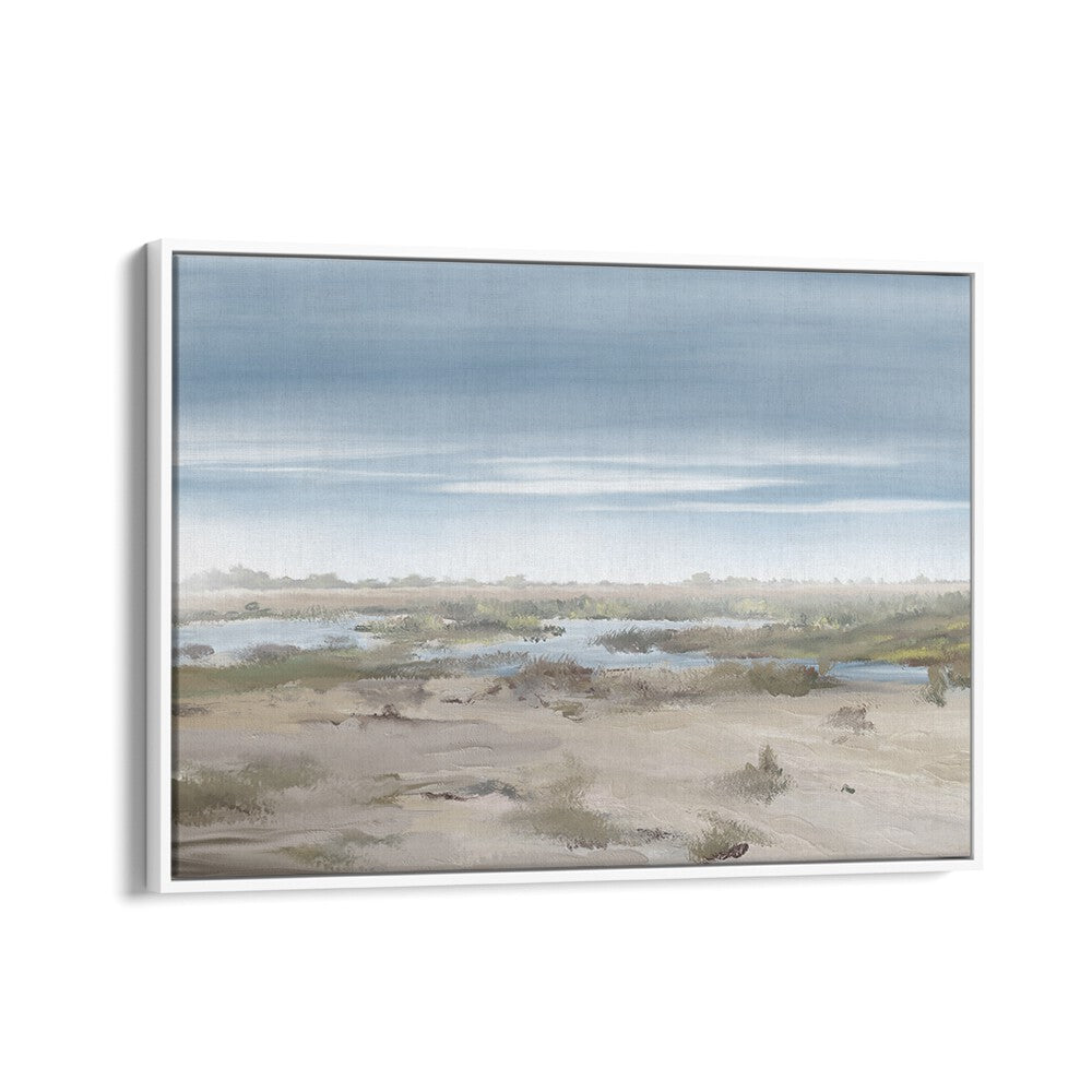 Serene view of "THE MISTY RISING, LANDSCAPE PAINTINGS" in a stylish white floater frame, enhancing any room's decor.