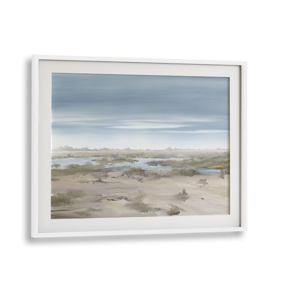 Stunning THE MISTY RISING, LANDSCAPE PAINTINGS in a white frame, perfect for enhancing any serene space.