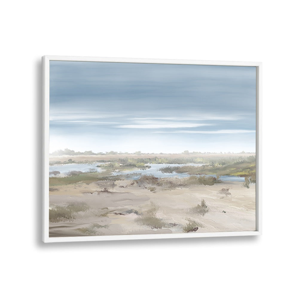 Stunning THE MISTY RISING, LANDSCAPE PAINTINGS in a white frame, perfect for enhancing your living space's serenity.
