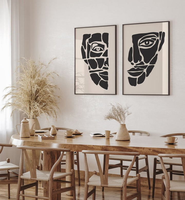 Framed TWO FACED, SET OF 2 PAINTINGS showcasing duality in human nature with bold colors and intricate details.