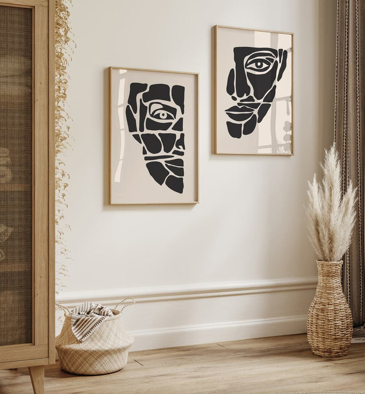 Framed TWO FACED, SET OF 2 PAINTINGS showcasing bold colors and intricate designs, perfect for modern decor.