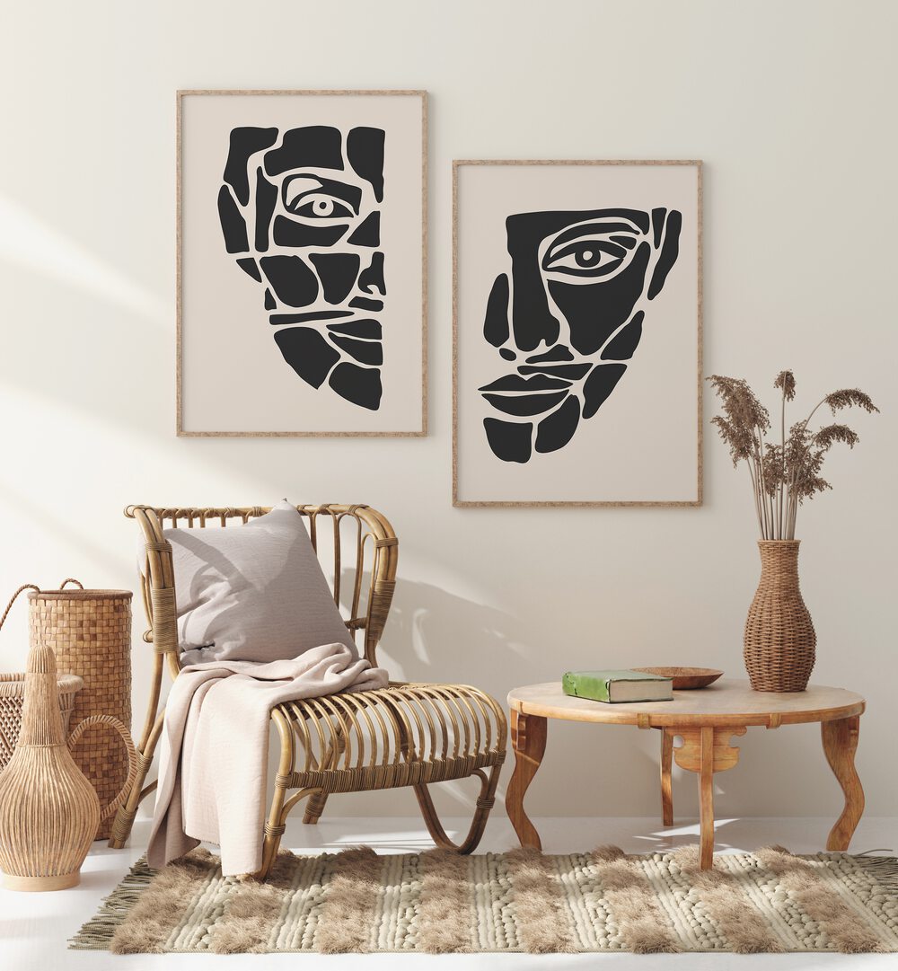 Stylish TWO FACED, SET OF 2 PAINTINGS showcasing duality in human nature, perfect for modern wall decor.