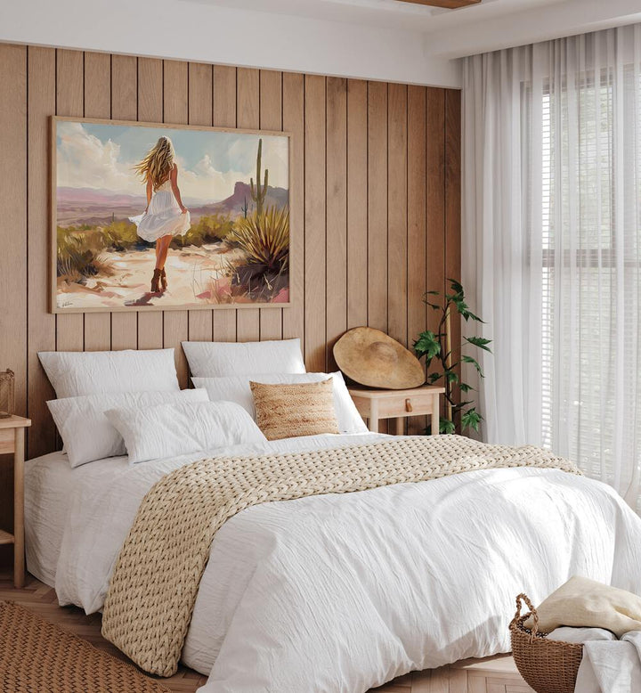 Vibrant UNCHARTED PATHWAYS II art print enhances a cozy bedroom, showcasing electric colors and artistic expression.