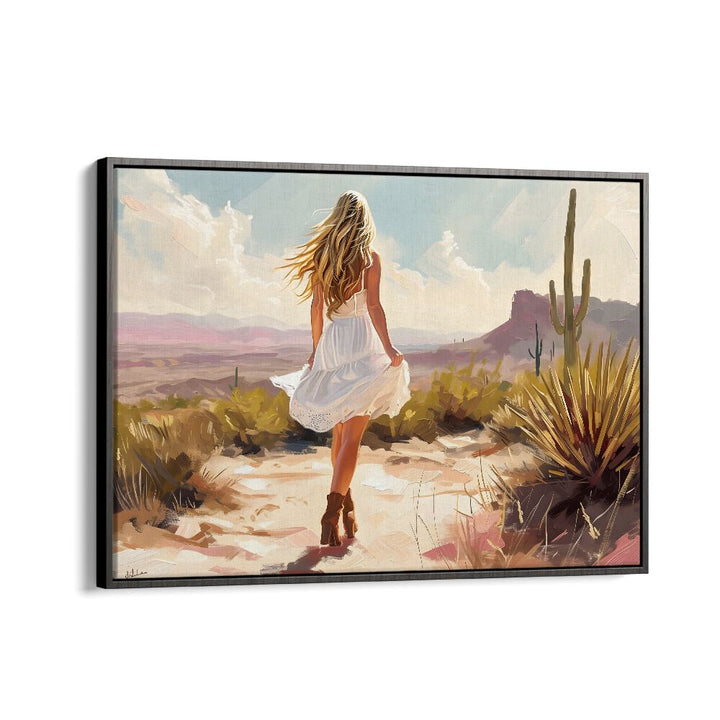 Uncharted Pathways II, vibrant art print featuring a woman walking through a desert landscape, perfect for your decor.