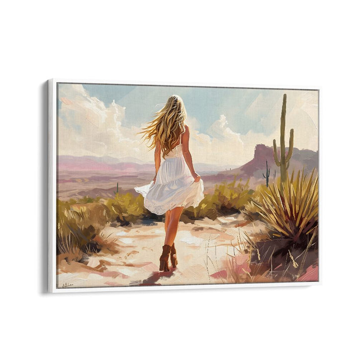 Discover UNCHARTED PATHWAYS II, VIBRANT art print showcasing a woman in a desert landscape, perfect for any wall decor.