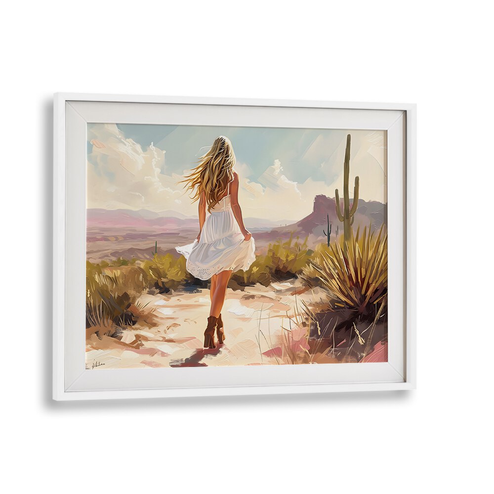 Vibrant scene from UNCHARTED PATHWAYS II, VIBRANT art print, showcasing a woman in a desert landscape.