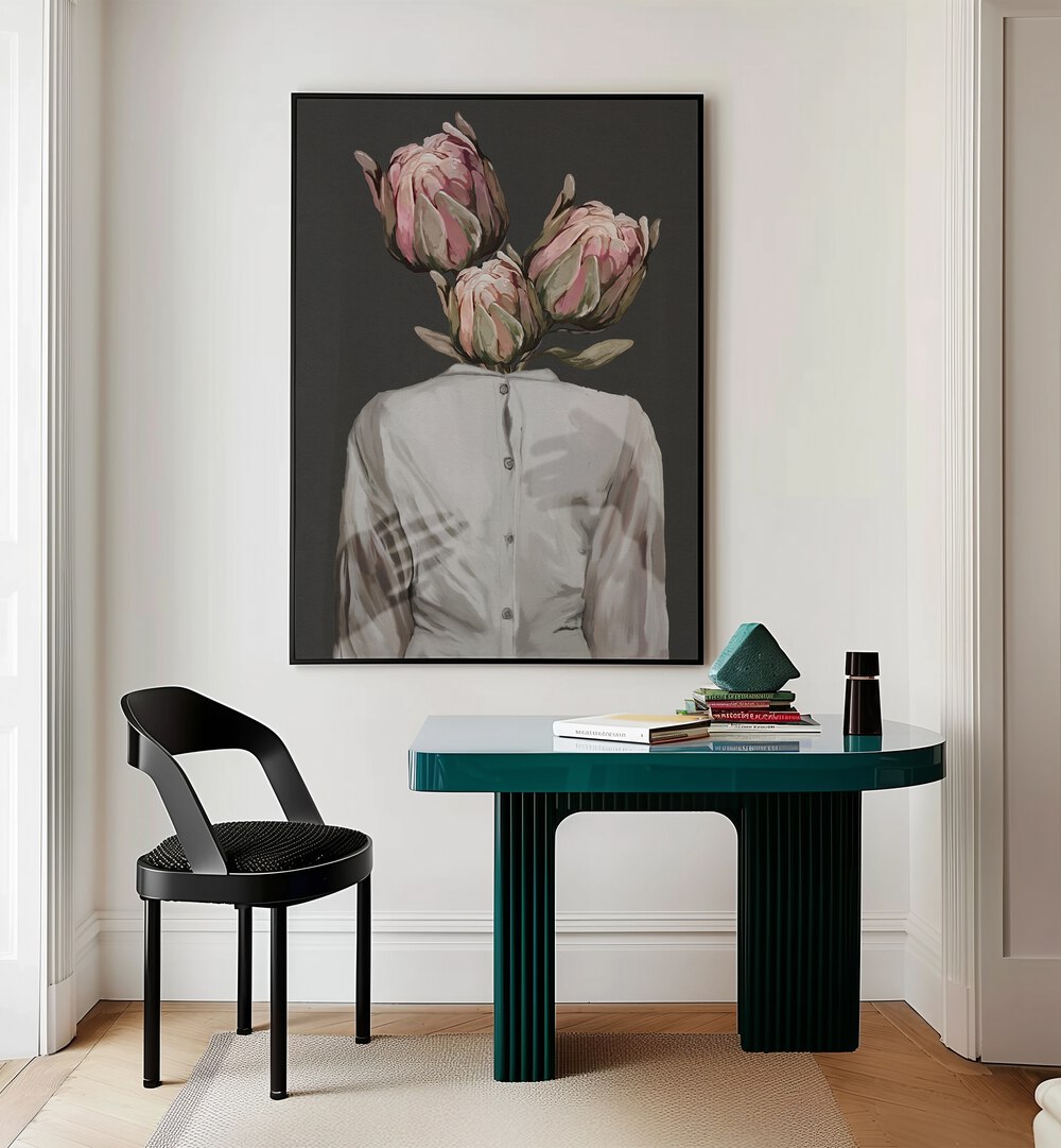 Surreal art print "UNKNOWN LONGING DARK VERSION" by Gabriella Roberg, featuring emotive floral imagery.