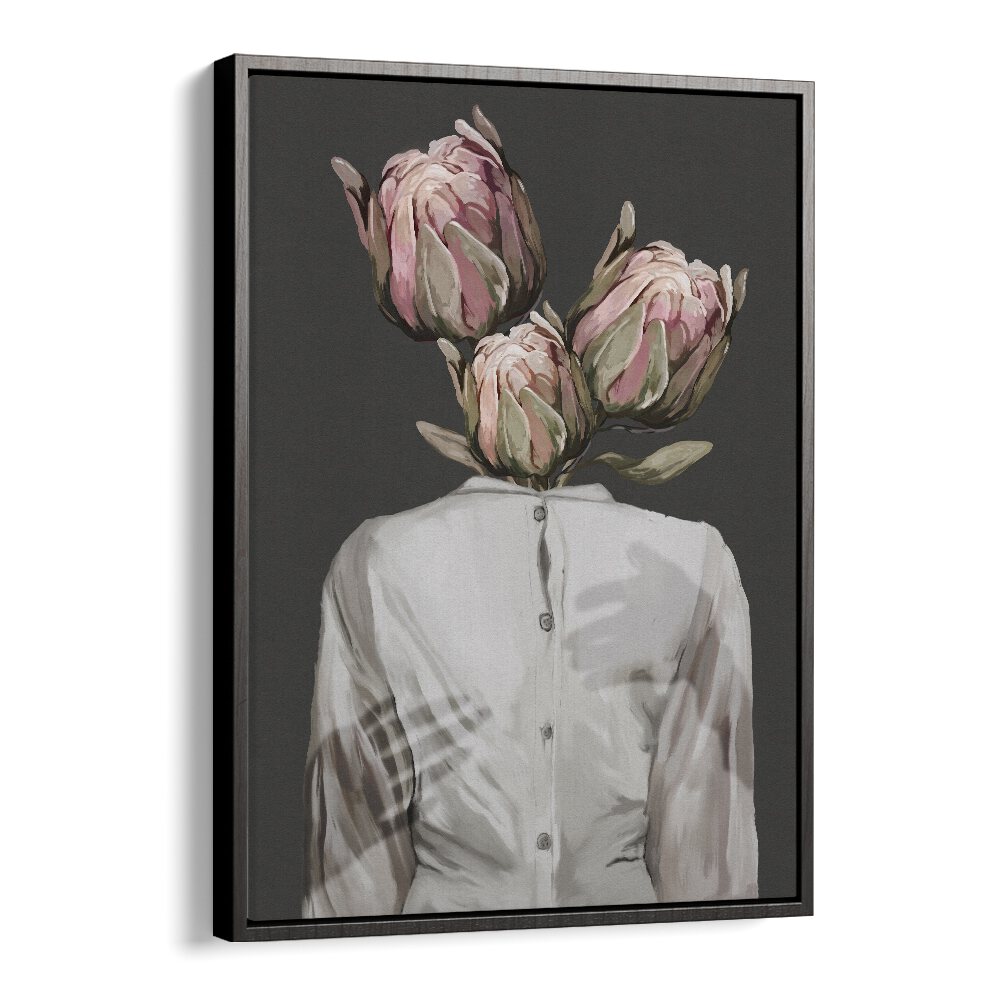 Surreal art print "UNKNOWN LONGING DARK VERSION" by Gabriella Roberg features a figure with floral elements.