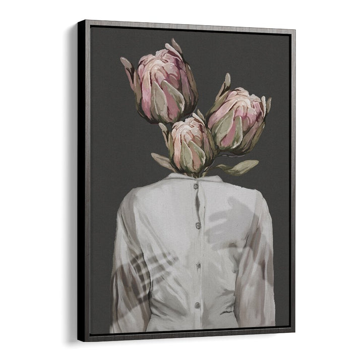 Surreal art print "UNKNOWN LONGING DARK VERSION" by Gabriella Roberg features a figure with floral elements.