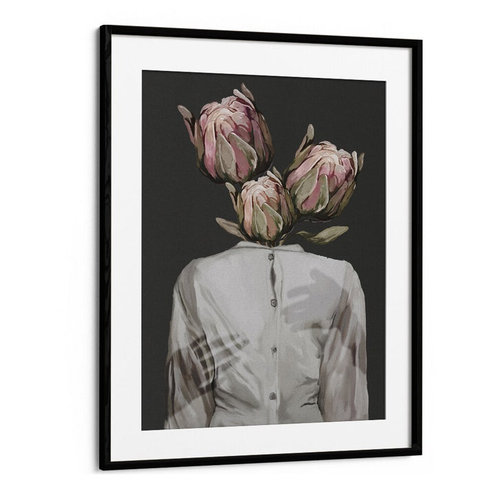 Captivating "UNKNOWN LONGING DARK VERSION, SURREAL ART PRINTS" by Gabriella Roberg in a sleek black frame.