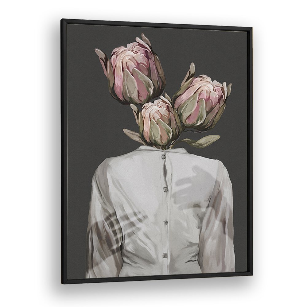 Surreal art print "UNKNOWN LONGING DARK VERSION" by Gabriella Roberg, featuring a figure with floral elements.