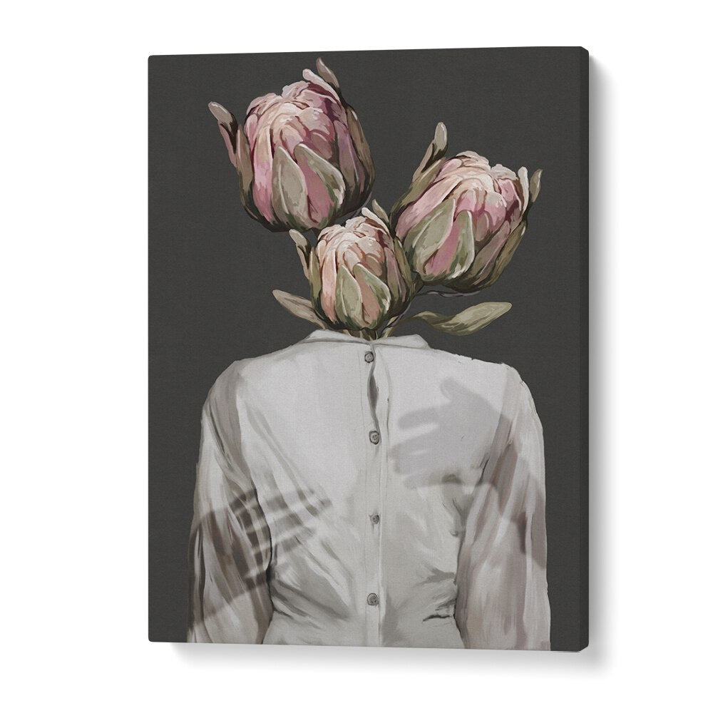 Surreal art print "UNKNOWN LONGING DARK VERSION" by Gabriella Roberg features a striking floral head concept.