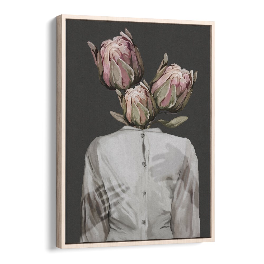 Surreal art print "UNKNOWN LONGING DARK VERSION" by Gabriella Roberg features a unique floral headpiece and moody tones.