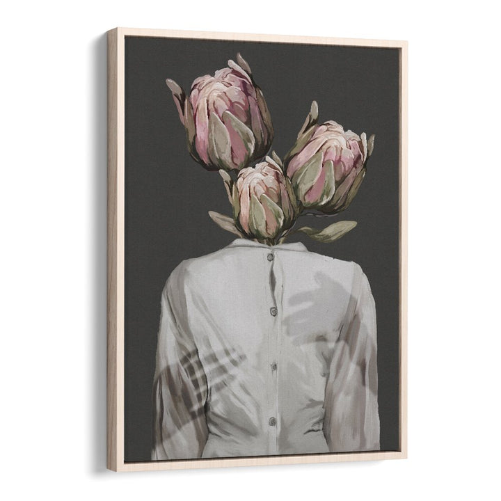 Surreal art print "UNKNOWN LONGING DARK VERSION" by Gabriella Roberg features a unique floral headpiece and moody tones.