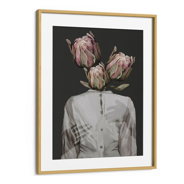 "UNKNOWN LONGING DARK VERSION, SURREAL ART PRINTS features a figure with floral elements, framed elegantly in oak."