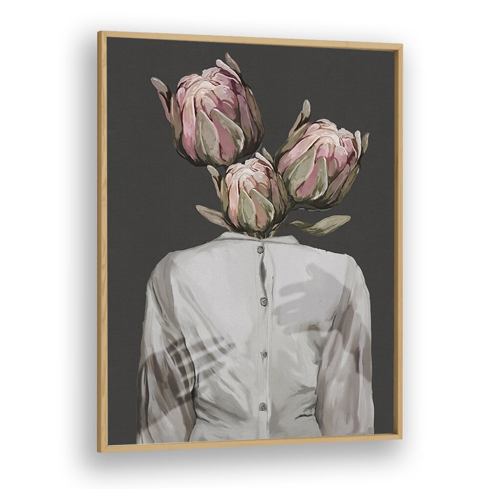 Surreal art print "UNKNOWN LONGING DARK VERSION" by Gabriella Roberg features a floral-headed figure in dark tones.