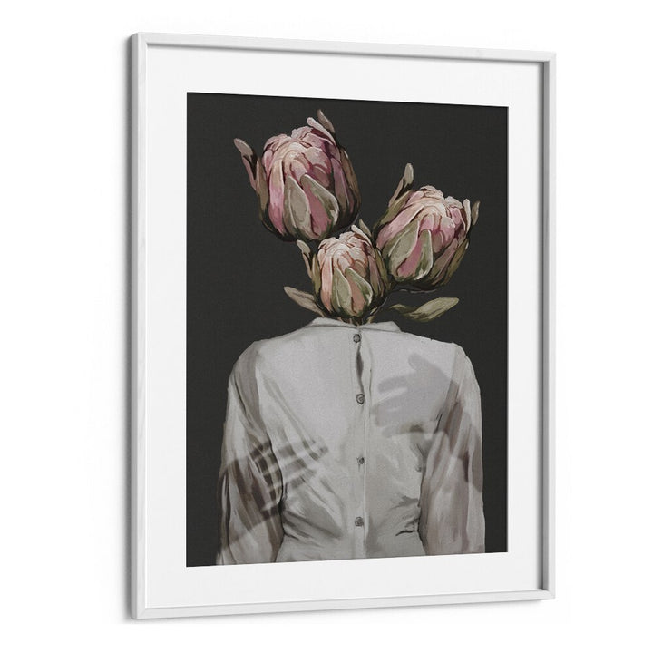 "UNKNOWN LONGING DARK VERSION, SURREAL ART PRINTS featuring a floral design on a shadowy figure by Gabriella Roberg."