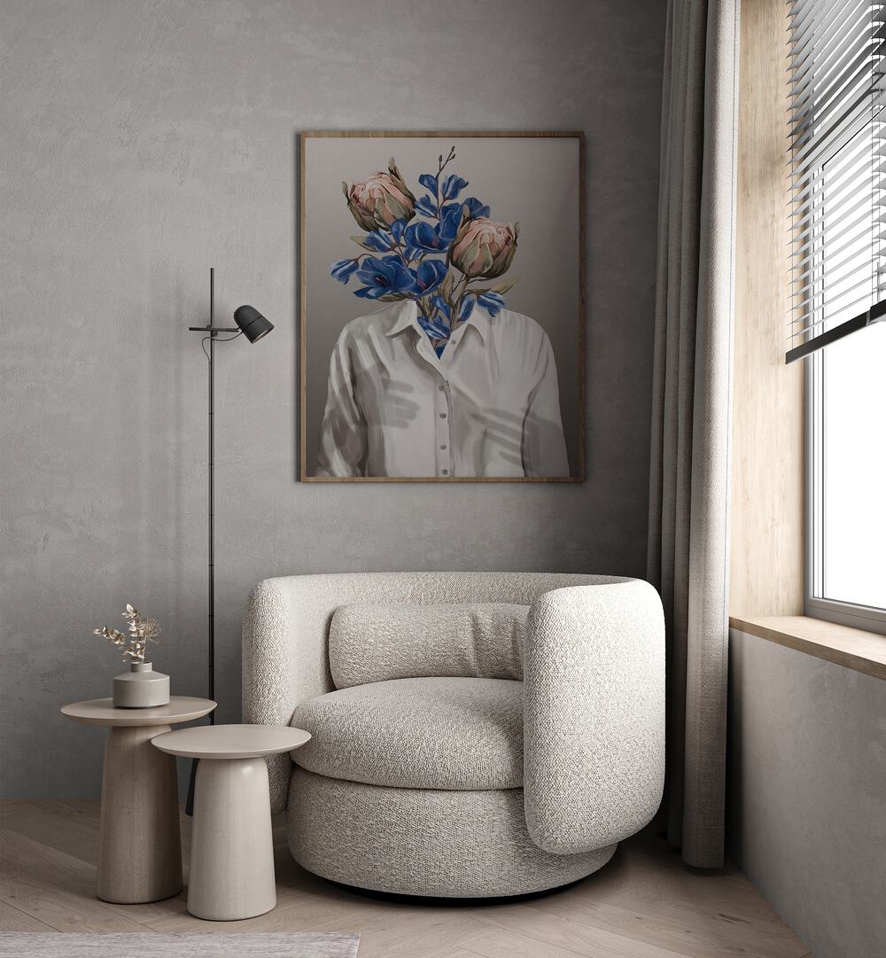 LONGING NO.II, PORTRAITS by Gabriella Roberg features a unique floral headpiece on a figure, blending modern artistry.