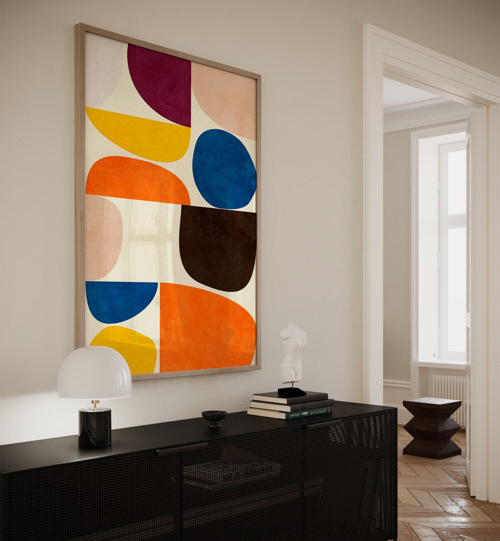 Elevate your space with VIVID BAUHAUS, ABSTRACT PAINTINGS by Ana Rut Bre, featuring vibrant shapes and colors.