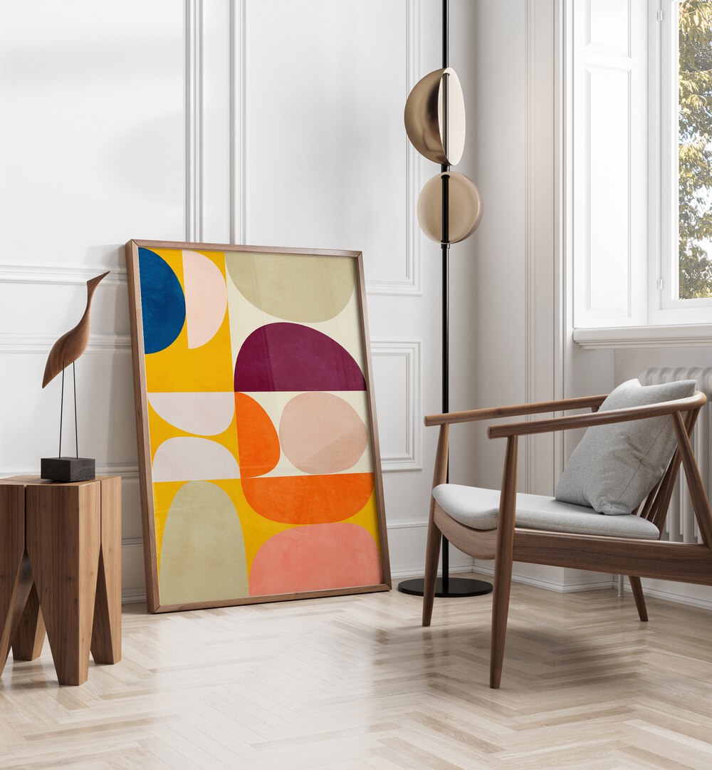 VIVID BAUHAUS II, ABSTRACT PAINTINGS by Ana Rut Bre enhances modern interiors with vibrant colors and shapes.