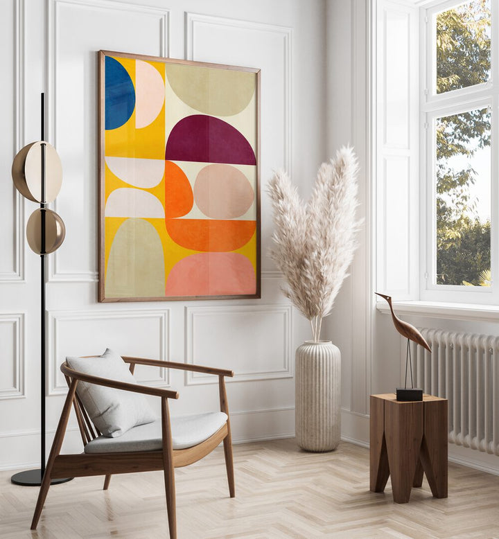 Brighten your space with VIVID BAUHAUS II, ABSTRACT PAINTINGS by Ana Rut Bre, showcasing vibrant colors and shapes.