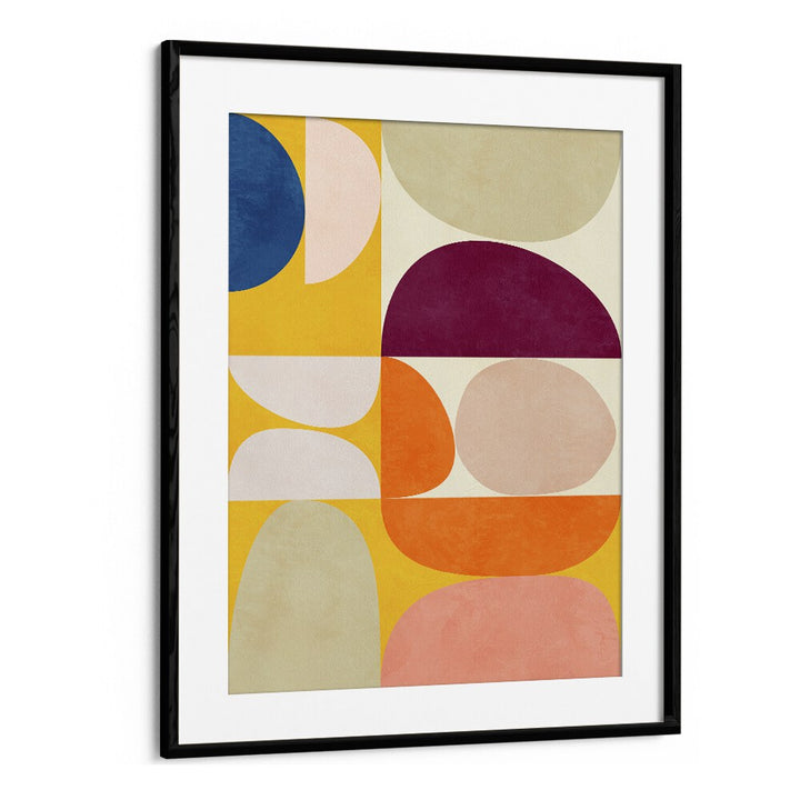 Colorful geometric shapes in VIVID BAUHAUS II, ABSTRACT PAINTINGS by Ana Rut Bre enhance any living space beautifully.