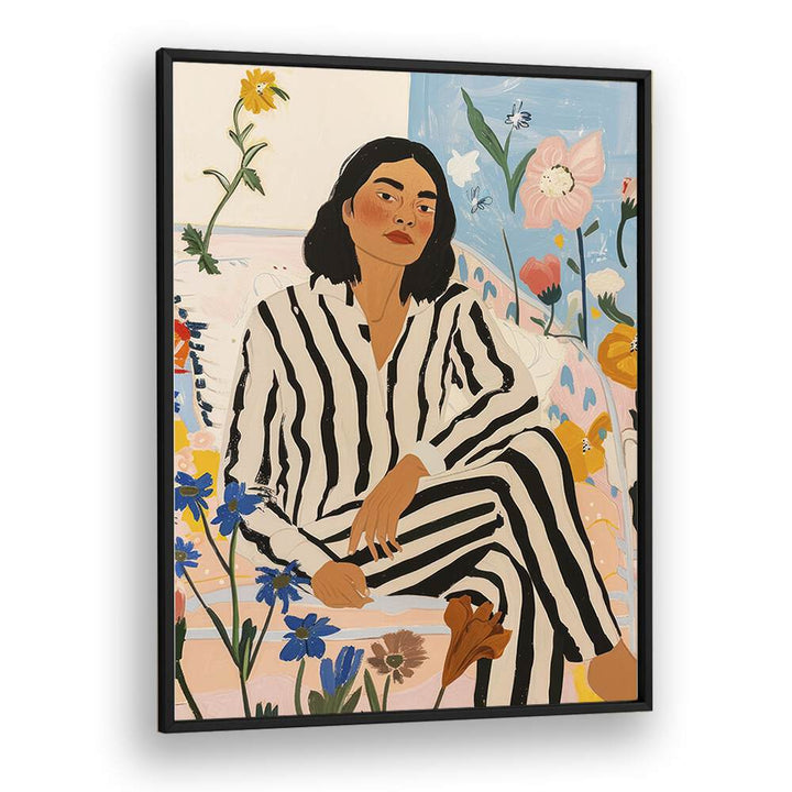 VIVID ENCHANTMENT wall art print featuring a vibrant woman in stripes, perfect for transforming your space with color.