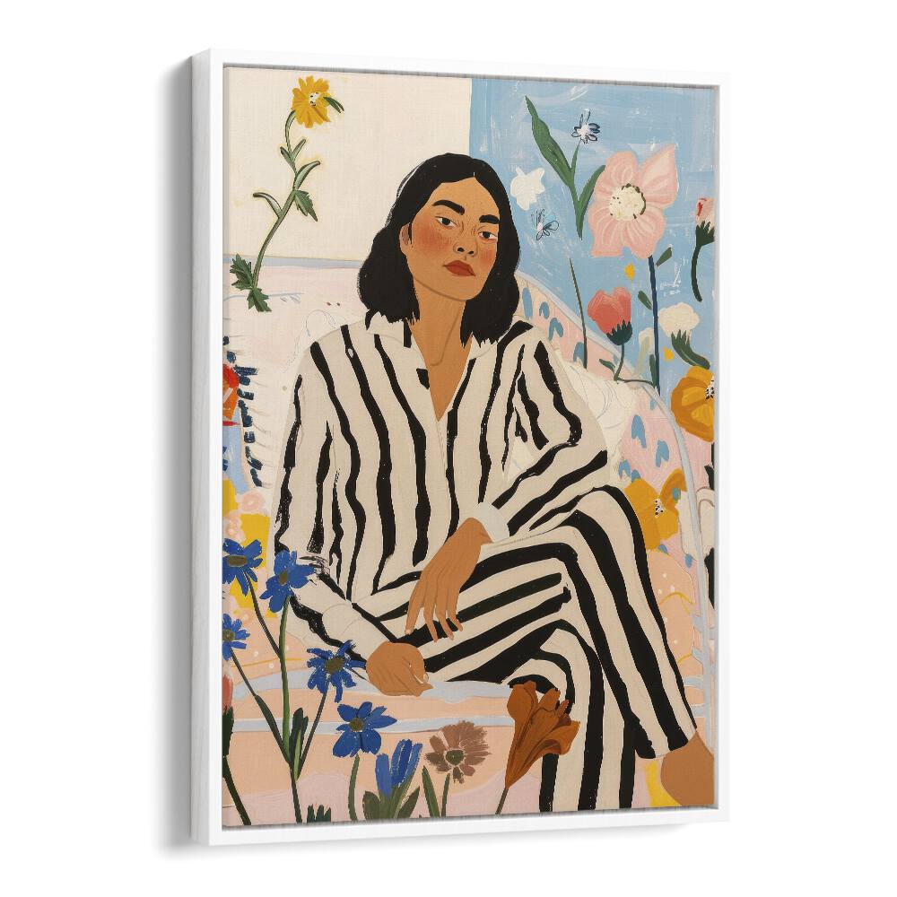 Vibrant wall art print, "VIVID ENCHANTMENT," showcasing a stylish figure in a floral setting, perfect for home decor.