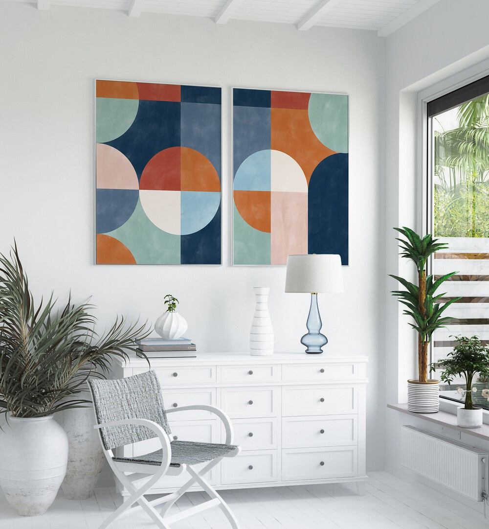 Brighten your decor with VIVID GEO SHAPES, SET OF 2 PAINTINGS, featuring vibrant abstract geometric designs.