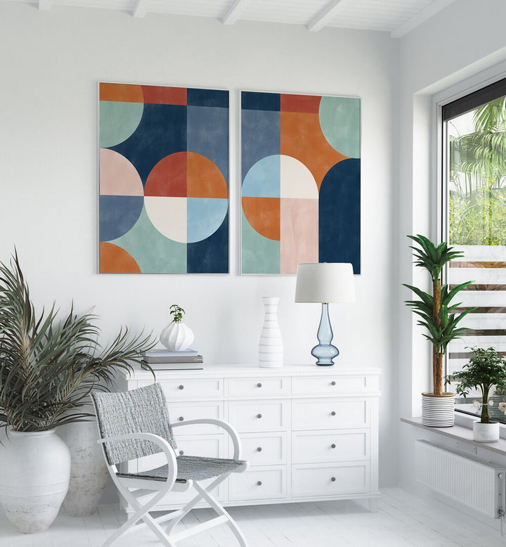 Brighten your decor with VIVID GEO SHAPES, SET OF 2 PAINTINGS, featuring vibrant abstract geometric designs.