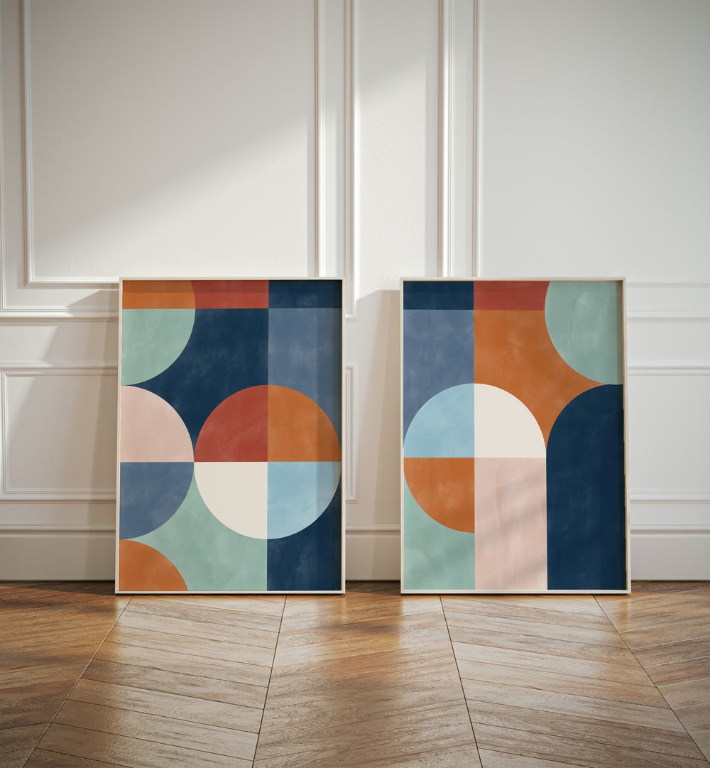 Enhance your decor with VIVID GEO SHAPES, SET OF 2 PAINTINGS, showcasing bold abstract geometric designs.