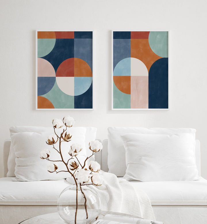 VIVID GEO SHAPES, SET OF 2 PAINTINGS adds vibrant elegance to modern decor, perfect for any space transformation.