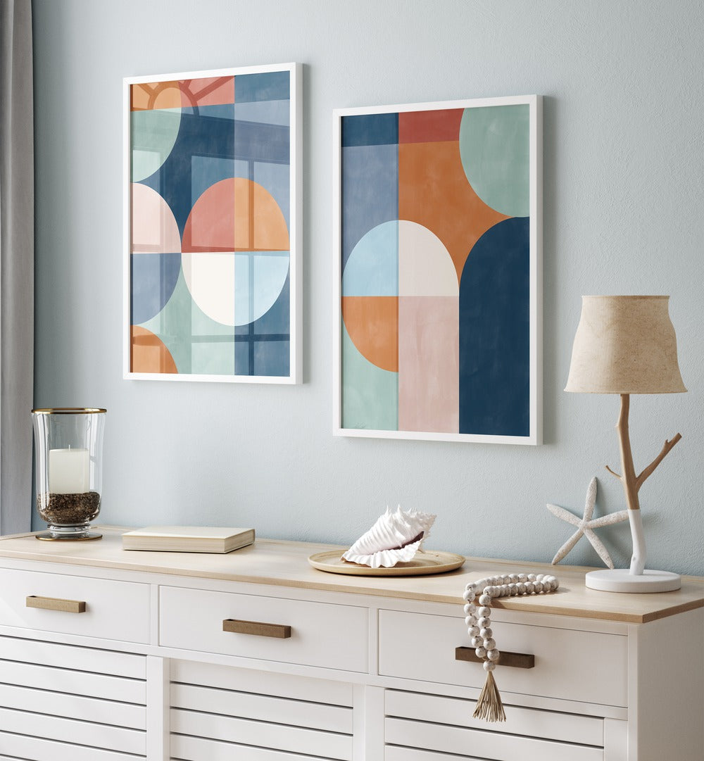 Brighten your decor with VIVID GEO SHAPES, SET OF 2 PAINTINGS, perfect for modern homes and offices.