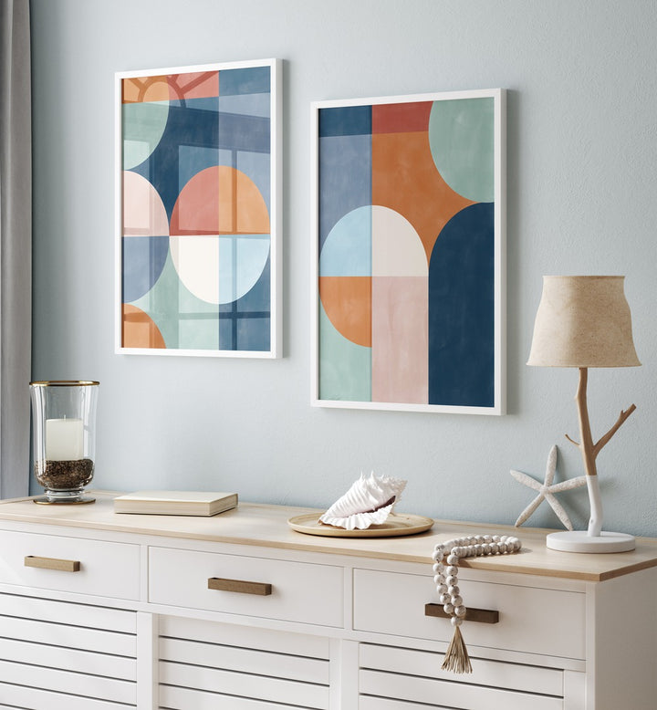 Brighten your decor with VIVID GEO SHAPES, SET OF 2 PAINTINGS, perfect for modern homes and offices.