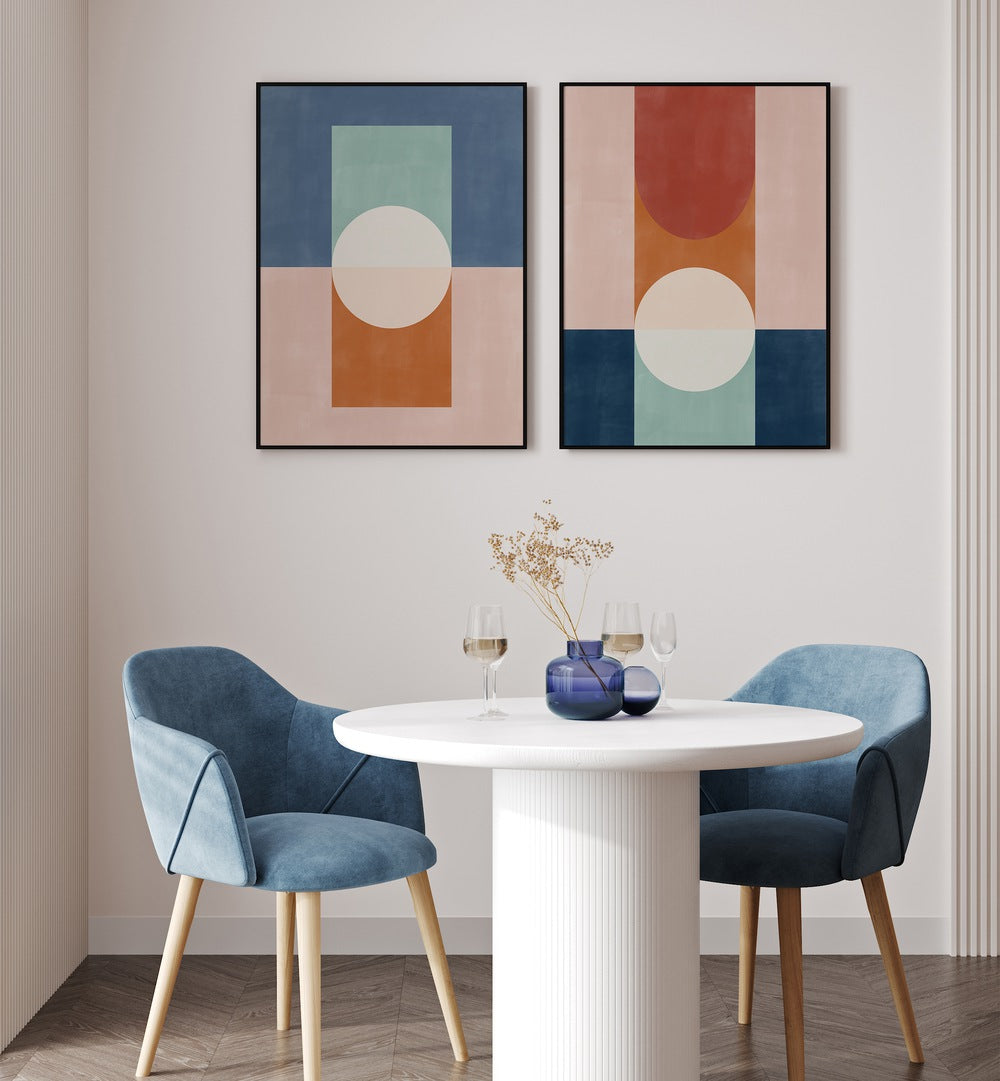 VIVID SHAPES, SET OF 2 PAINTINGS enhances your space with vibrant geometric designs in blue and rust tones.