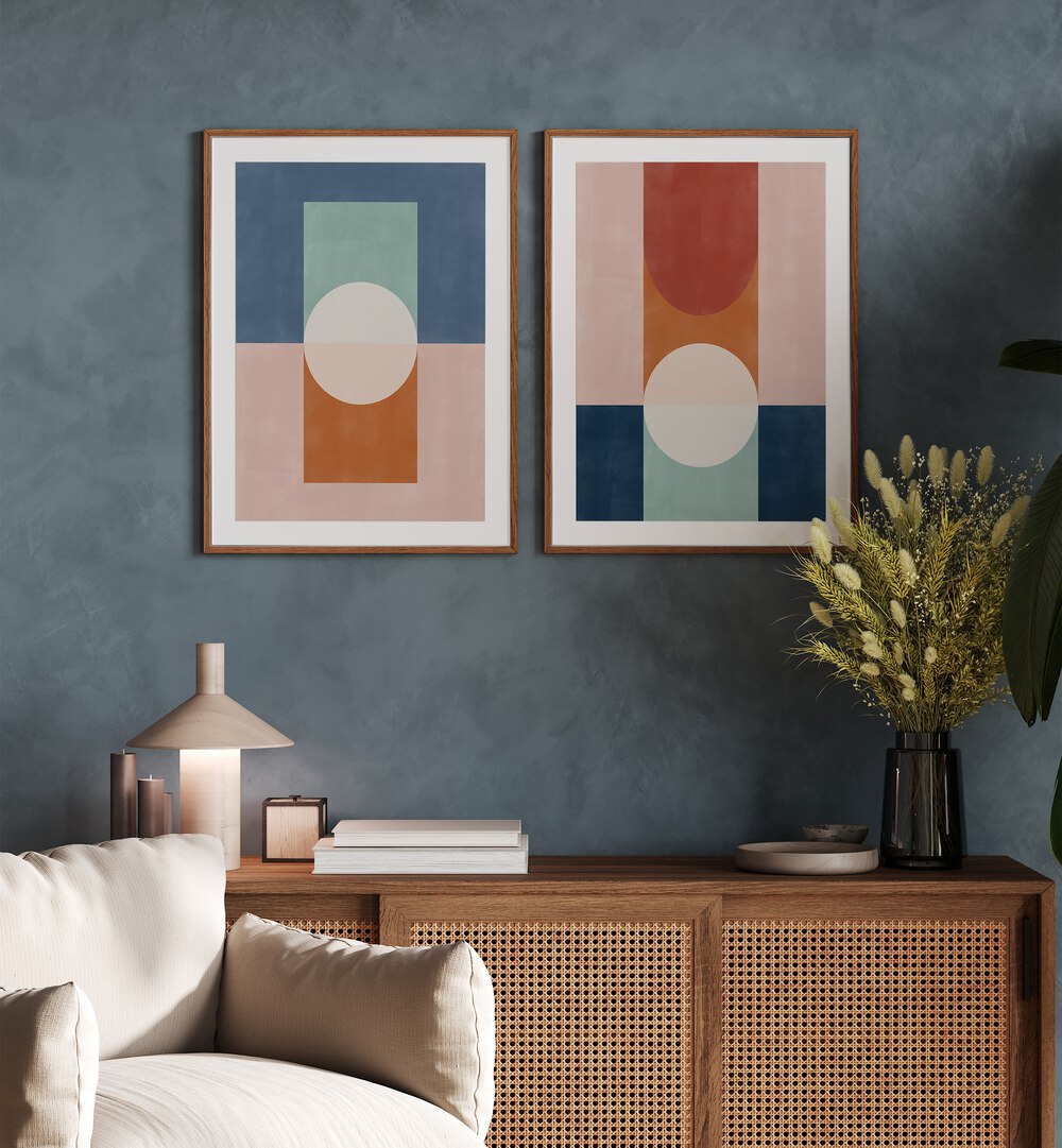VIVID SHAPES, SET OF 2 PAINTINGS showcases vibrant geometric art, enhancing modern decor with rich tones.