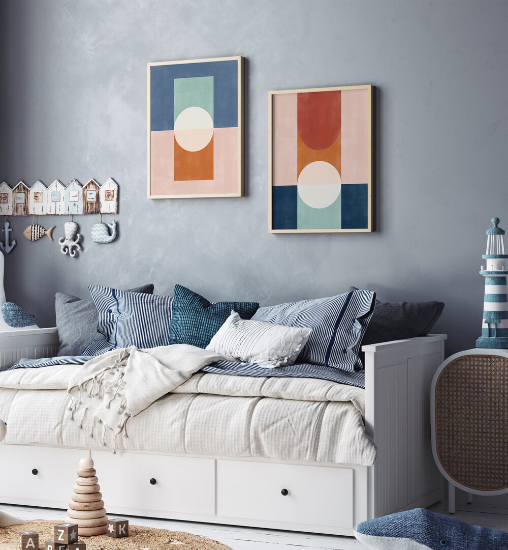 VIVID SHAPES, SET OF 2 PAINTINGS adds vibrant geometric flair to modern living spaces with rich tones.
