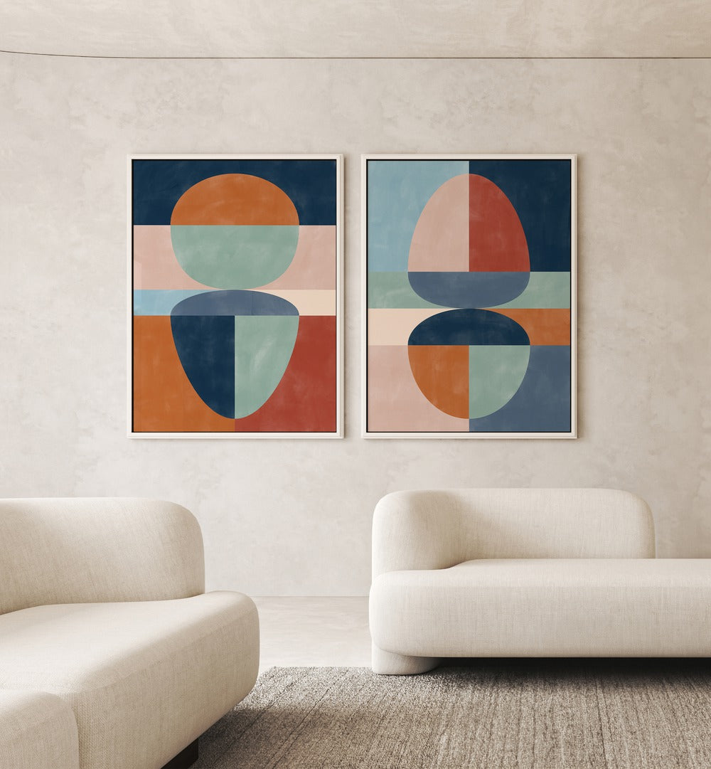 VIVID TONED SHAPES, SET OF 2 PAINTINGS enhance modern interiors with vibrant colors and sleek design. Perfect for any space.