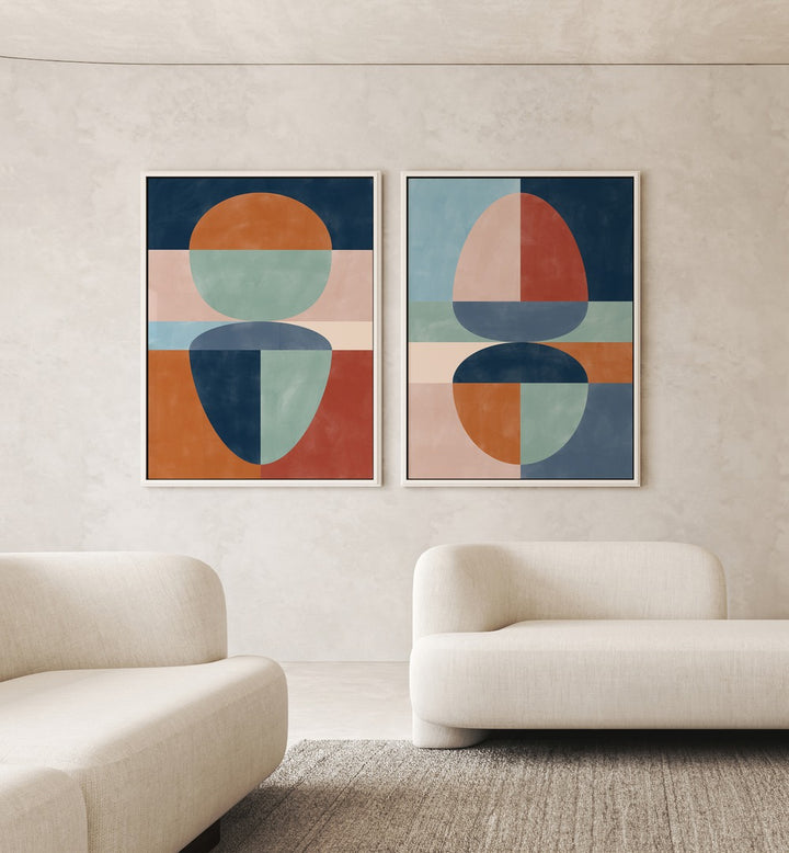 VIVID TONED SHAPES, SET OF 2 PAINTINGS enhance modern interiors with vibrant colors and sleek design. Perfect for any space.