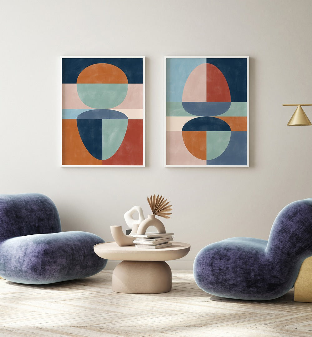 VIVID TONED SHAPES, SET OF 2 PAINTINGS adds a burst of color and elegance to modern living spaces.