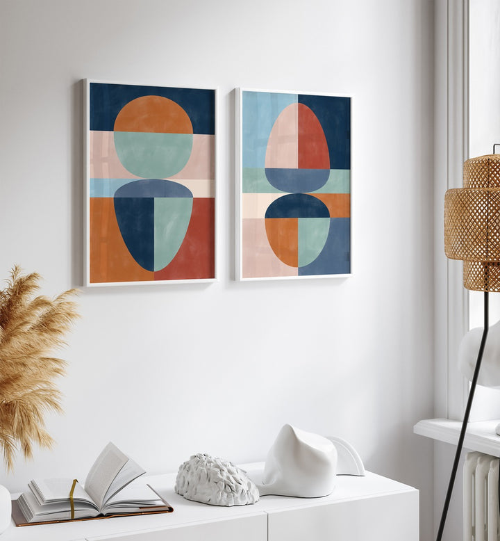 Brighten your space with VIVID TONED SHAPES, SET OF 2 PAINTINGS, featuring modern, colorful canvas designs.